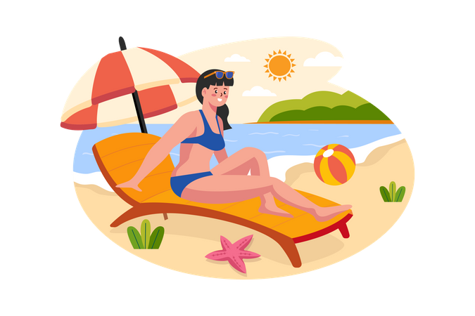 Girl sunbathing at the beach  Illustration