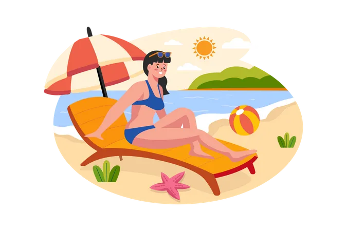 Girl sunbathing at the beach  Illustration