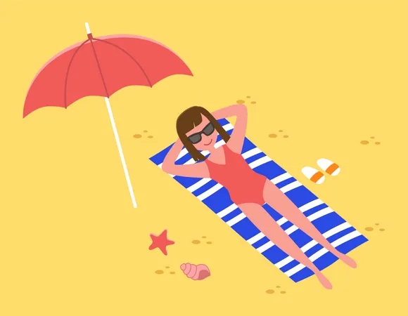 Tropical Landscape With Tanned Girl Sunbathing In Seashore Enjoying Sun Woman In Glasses And Swimsuit Lies In The Sand Travel To Beach Resorts During Hot Season Sand Island Vacation By The Ocean Illustration