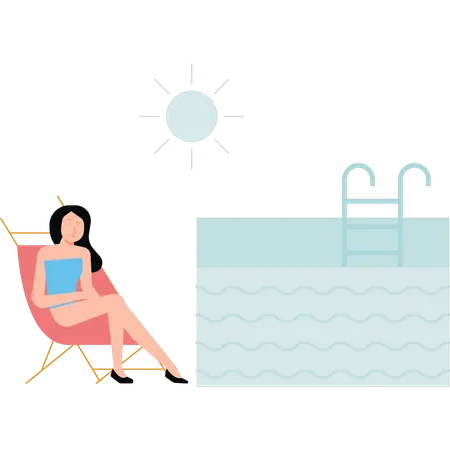 Girl sunbathing near pool Illustration