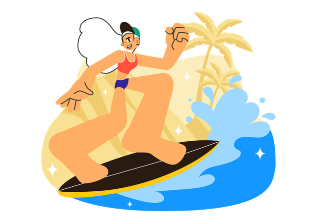 海でサーフィンをする女の子  イラスト