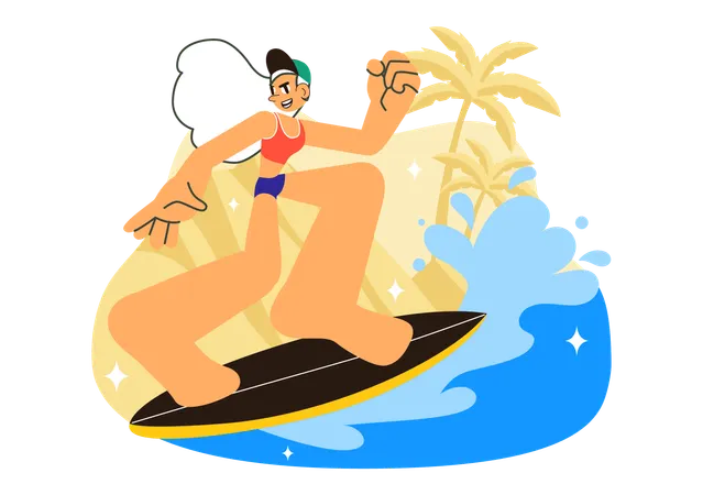 海でサーフィンをする女の子  イラスト
