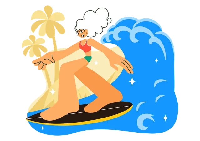 海でサーフィンをする女の子  イラスト