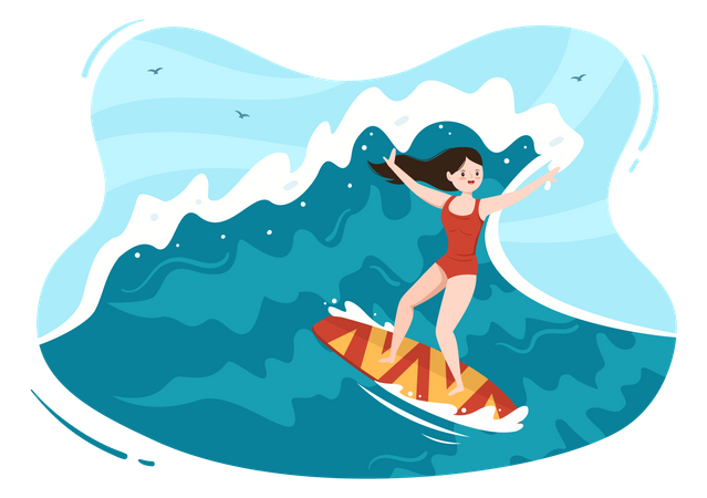 Girl surfing in sea Illustration