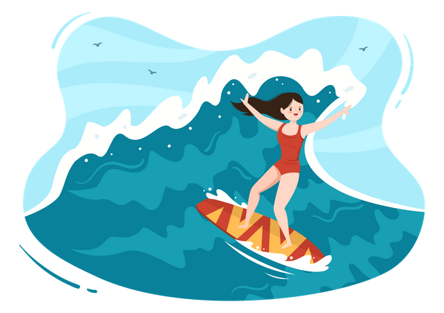 Girl surfing in sea  Illustration