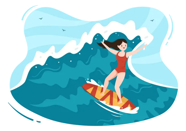 Girl surfing in sea  Illustration