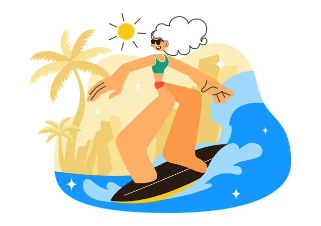Girl surfing in summer  Illustration