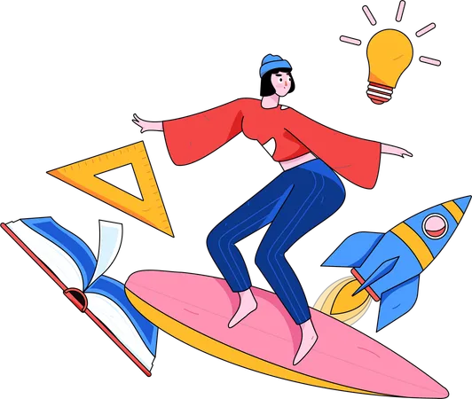 Girl surfing while getting education idea  Illustration