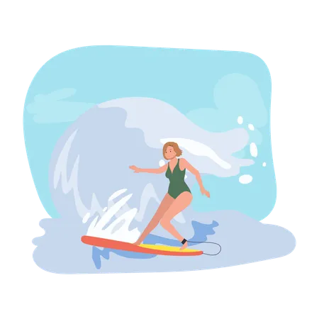 Girl Surfing with Surfboard on Big Wave  Illustration