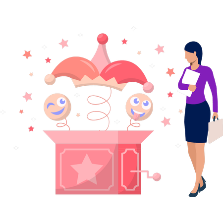Girl surprised to see the faces in box  Illustration