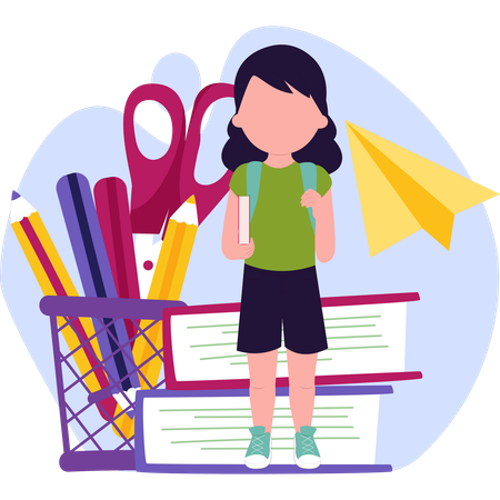 Girl surrounded by books and school supplies smiling as she prepares for her studies  Illustration