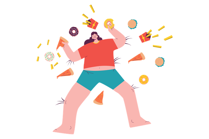 Girl Surrounded by Lots of Food  Illustration