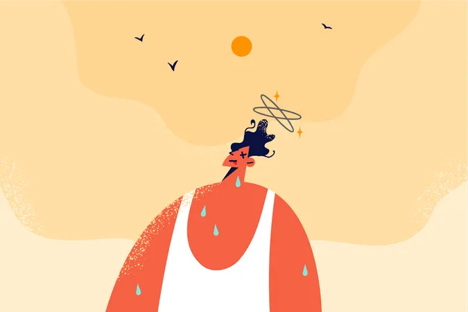 Girl sweating under burning sun  Illustration