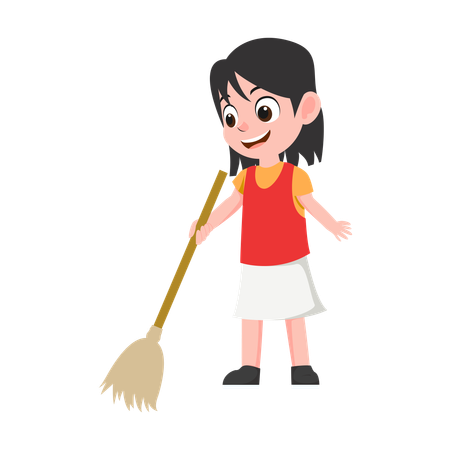 Girl sweeping using broom stick  Illustration