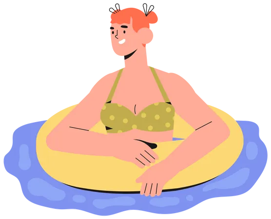 Girl Swimming In Inner Tube Or Swim Ring In Pool Sea Or Ocean Summer Theme Illustration With Resting In Water Smiling Woman Enjoing Vacation Resting And Sunbathing Isolated On White Background 일러스트레이션