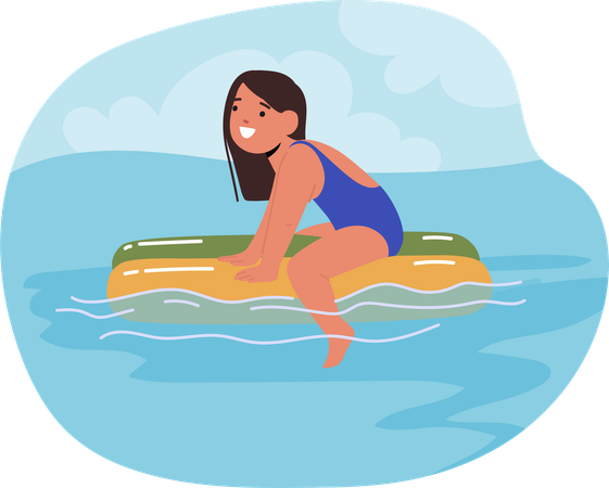 Girl Swimming In Clear Water on Floater Under Bright Sky  Illustration