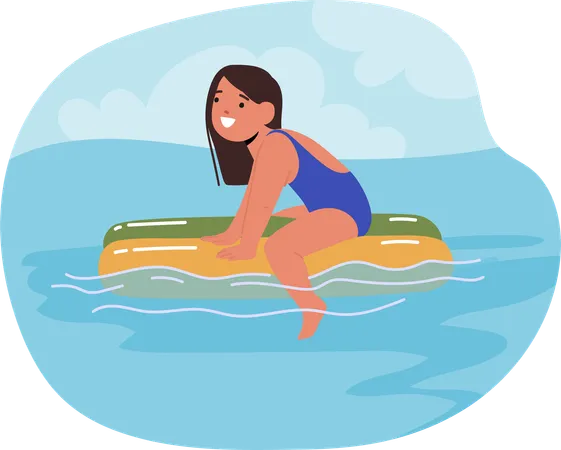 Girl Swimming In Clear Water on Floater Under Bright Sky  Illustration