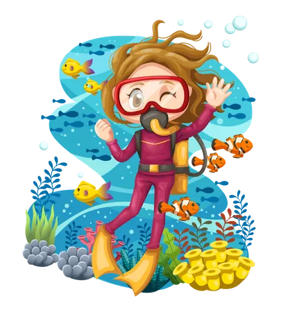 Girl swimming underwater Illustration