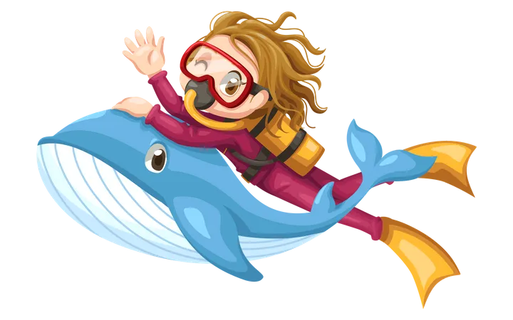 Girl swimming with whale fish Illustration