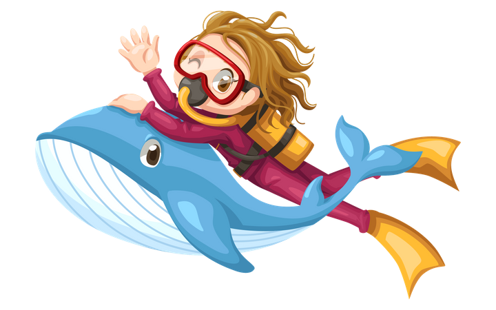 Girl swimming with whale fish  Illustration