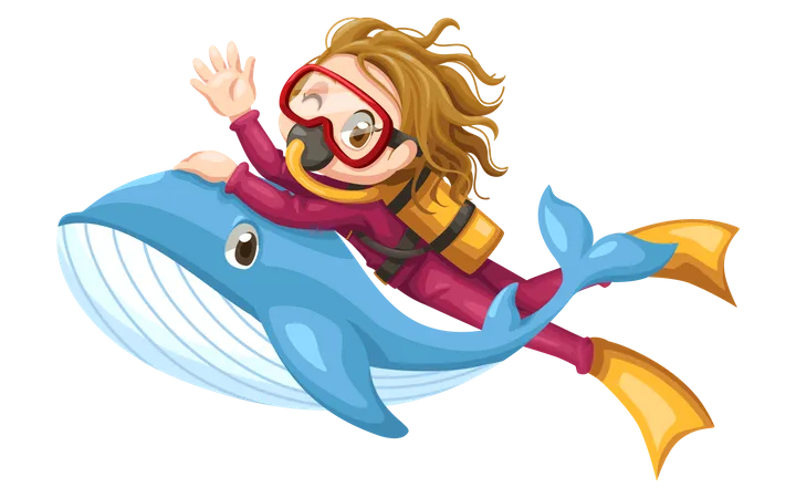 Girl swimming with whale fish  Illustration