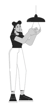 Switching To Efficient Lighting Black And White Cartoon Flat Illustration Latina Woman Replaces Bulb 2 D Lineart Character Isolated Install Sustainable Light Source Monochrome Vector Outline Image 일러스트레이션