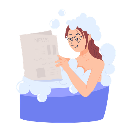 Girl take a bath and reading book  イラスト