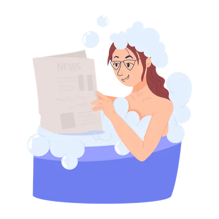 Girl take a bath and reading book  イラスト