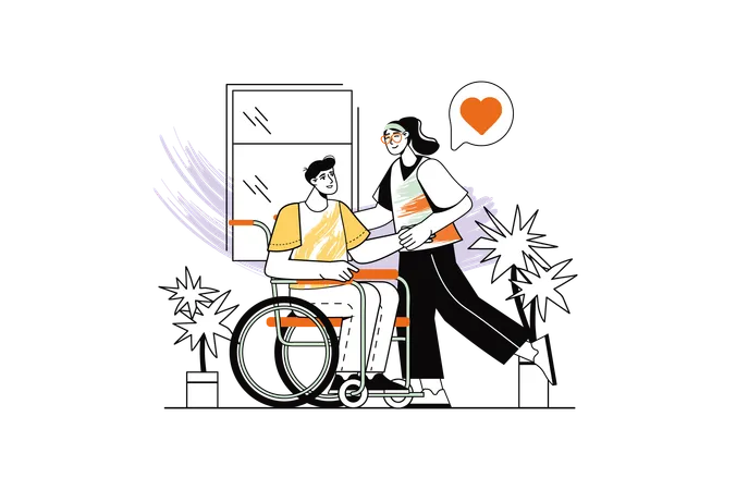 Girl takes care of Disabled man  Illustration