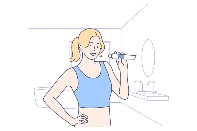 Health Teeth Care Advertisement Concept Young Happy Woman Or Girl Cartoon Character Standing In Bathroom With Toothpaste And Smiling Healthy Lifestyle Domestic Daily Morning Routine Illustration イラスト