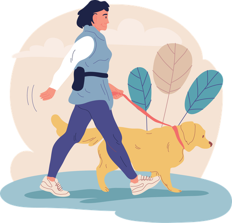 Girl takes her dog on walk  Illustration