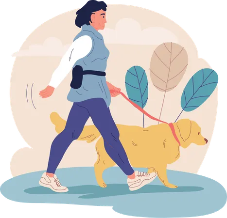 Girl takes her dog on walk  Illustration