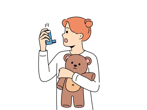 Girl takes inhaler to overcome asthma problem  Illustration