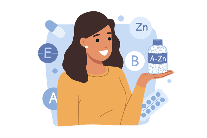 Girl takes vitamins from A to Zn to improve immunity  Illustration