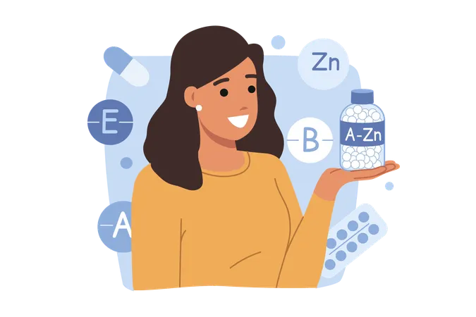 Girl takes vitamins from A to Zn to improve immunity  Illustration
