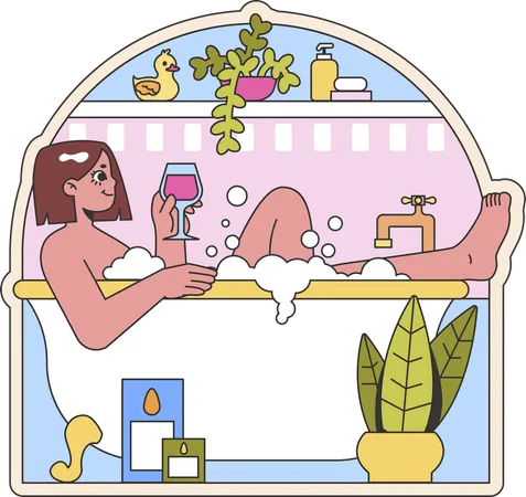 Girl taking bath in bath tube while drinking wine  Illustration