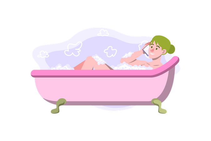 Girl taking bath in bathtub  Illustration