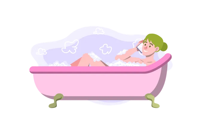 Girl taking bath in bathtub  Illustration