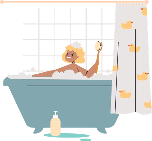 Cute African Girl Toddler Taking Bath Little Child Washing In Bathtub In Bathroom With Soap And Foam Bathtime And Kids Hygiene Concept Cartoon Flat Vector Illustration Illustration