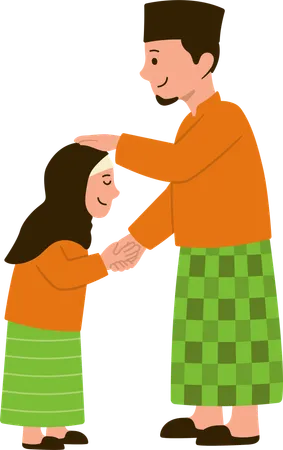 Girl taking blessing from elder grandfather  Illustration