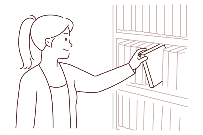 Girl taking book from books shelf  イラスト