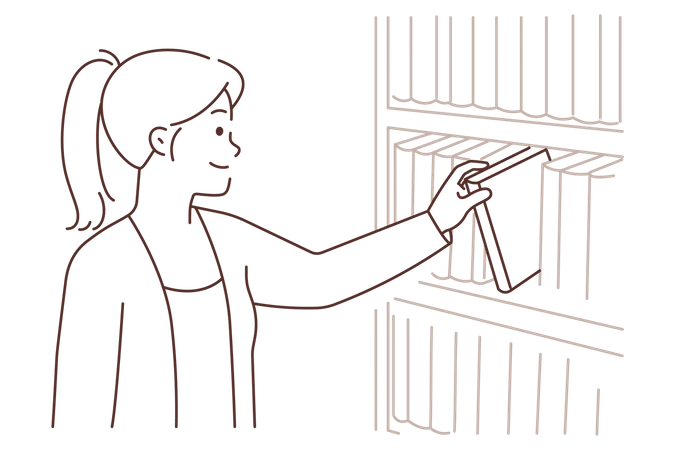 Girl taking book from books shelf  イラスト
