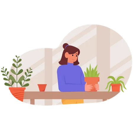 Girl taking care of plant Illustration