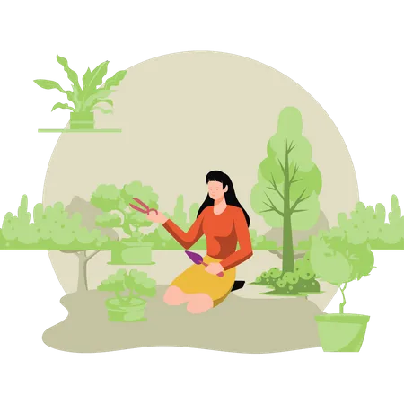Girl taking care of plants  イラスト