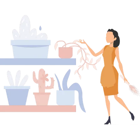 The Girl Is Taking Care Of The Plants Illustration