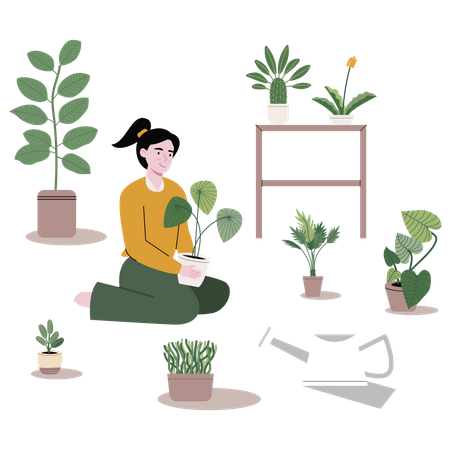 Girl taking care of plants  Illustration