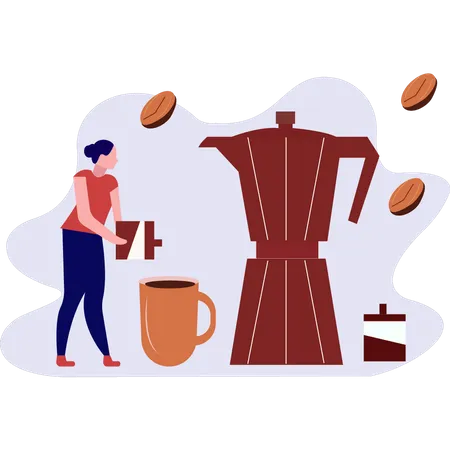 The Girl Is Taking Coffee From The Machine Illustration