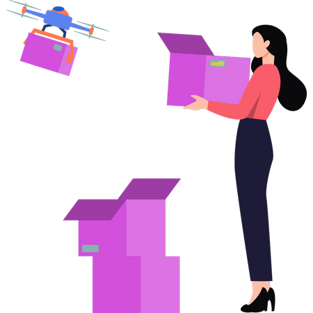 Girl taking delivery from drone  Illustration