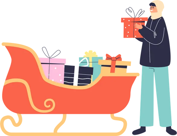 Girl taking gift box from santa sleigh. Christmas presents in sledge decoration for exterior Illustration