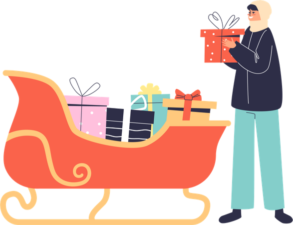 Girl taking gift box from santa sleigh. Christmas presents in sledge decoration for exterior  Illustration